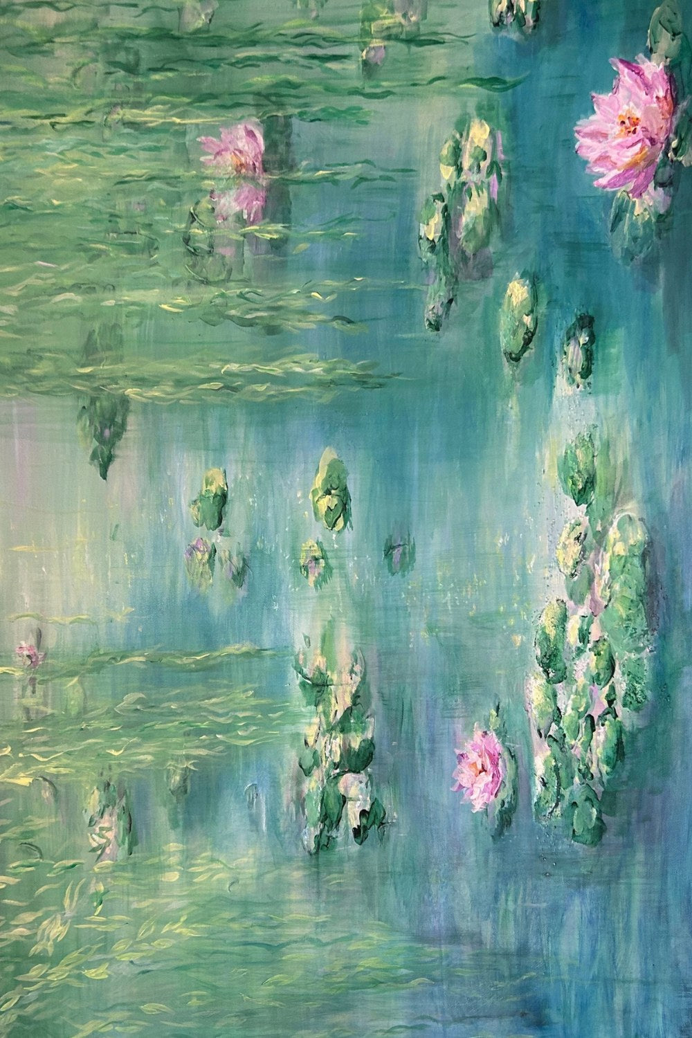 Water Lilies A5 greetings card with teal pond and pink water lily artwork