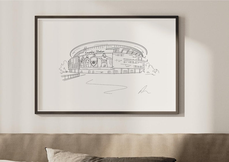 Hand drawn line art print of the Emirates Stadium, Arsenal, by Ella Cairns