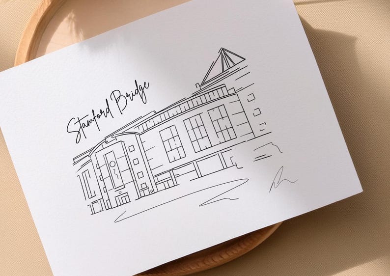 Hand drawn line art print of Stamford Bridge, Chelsea, by Ella Cairns