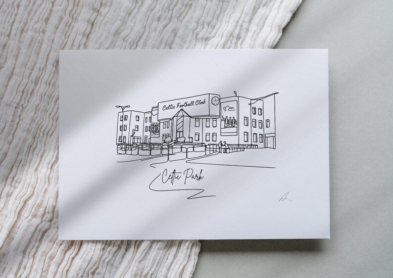 Hand drawn line art print of Celtic Park, Glasgow, by Ella Cairns