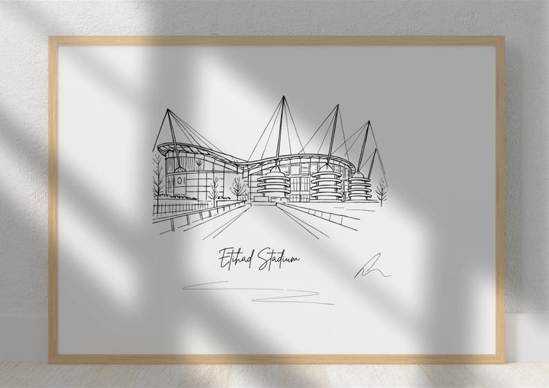 Hand drawn line art print of the Etihad Stadium, Manchester City, by Ella Cairns