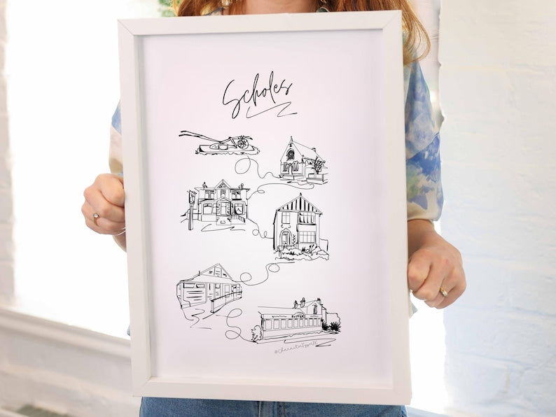 Hand drawn village map line art print of Scholes, Yorkshire, by Ella Cairns
