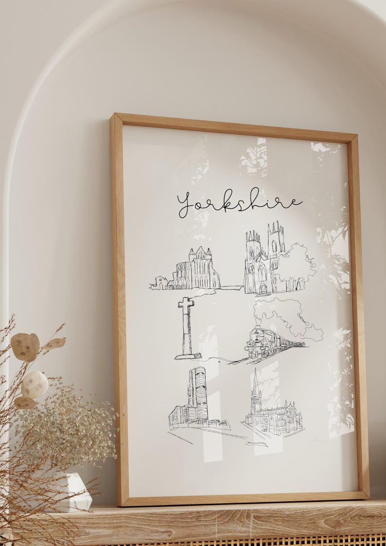 Hand drawn line art print of Yorkshire landmarks by Ella Cairns