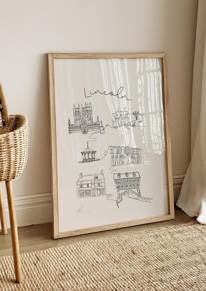 Hand drawn line art print of Lincoln landmarks by Ella Cairns