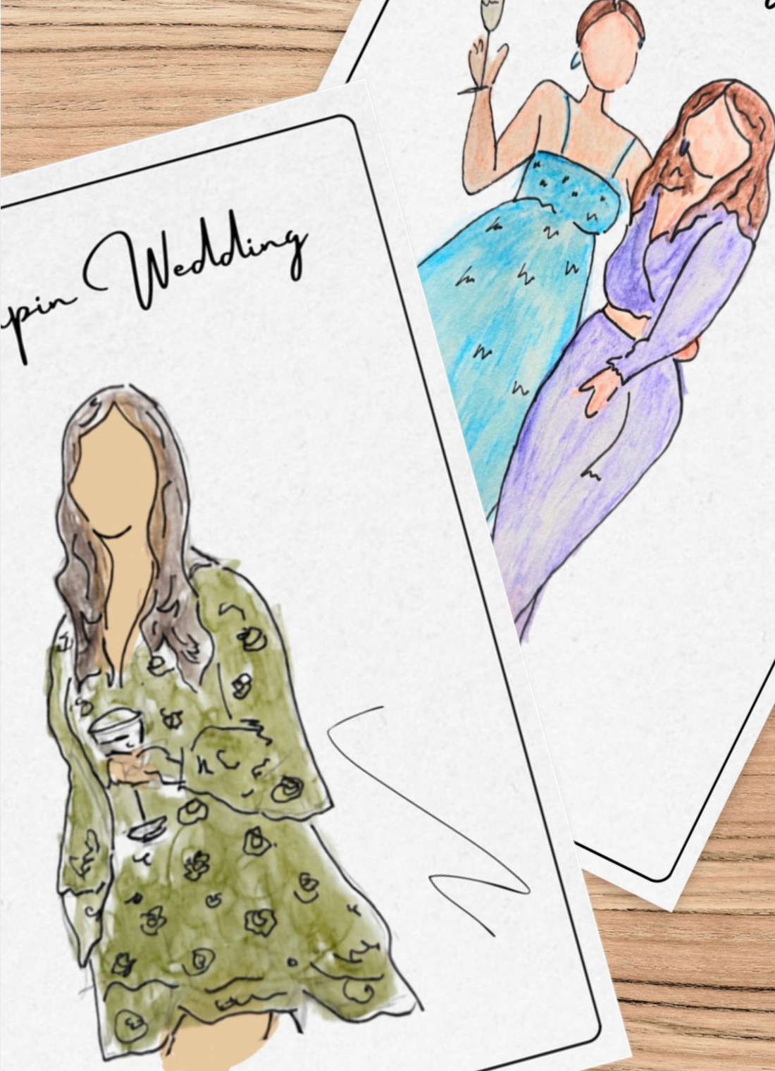 Hand-drawn watercolour wedding guest portrait, a unique wedding favour