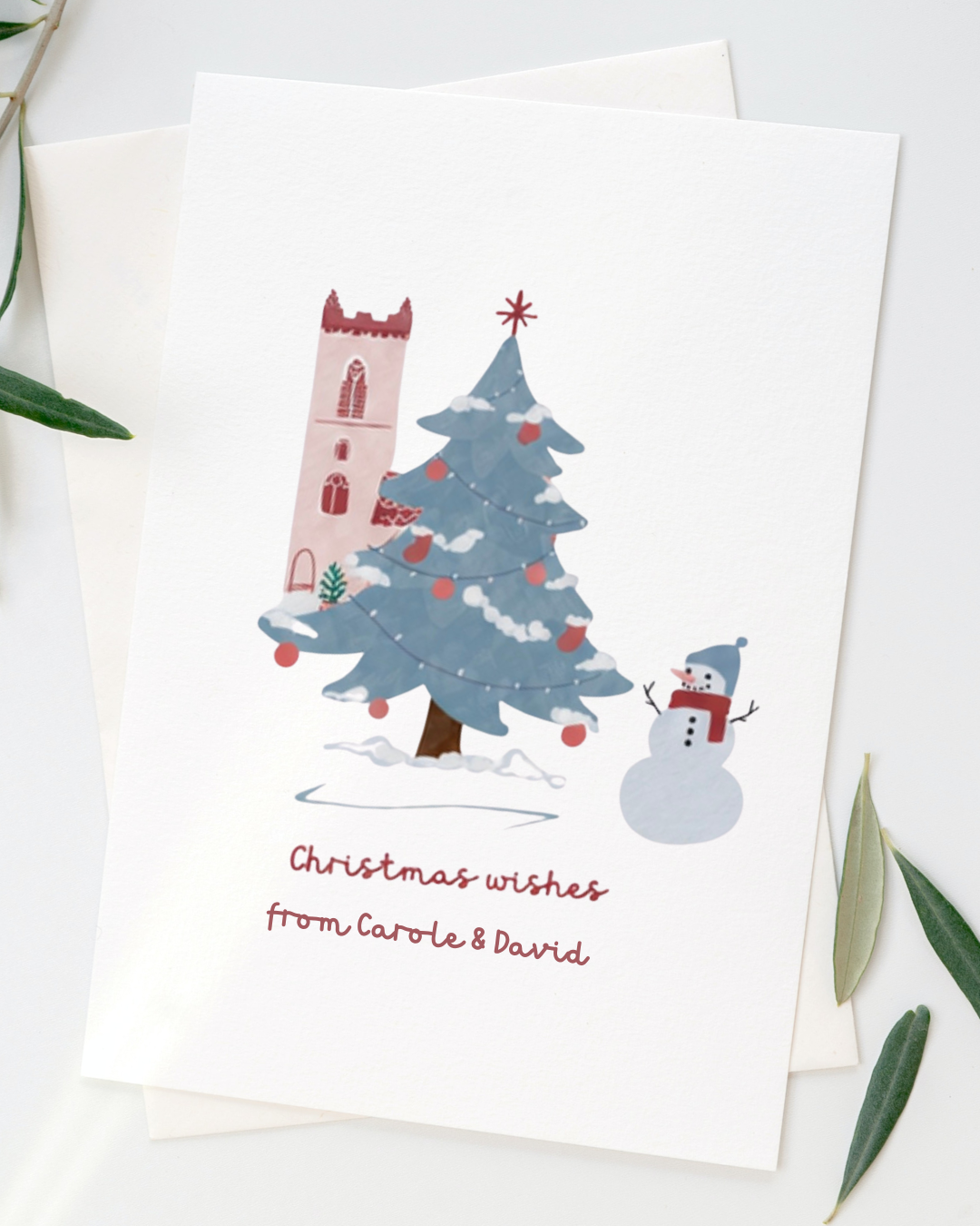 Personalised Thorner Christmas card with church and Christmas tree, from Carole & David