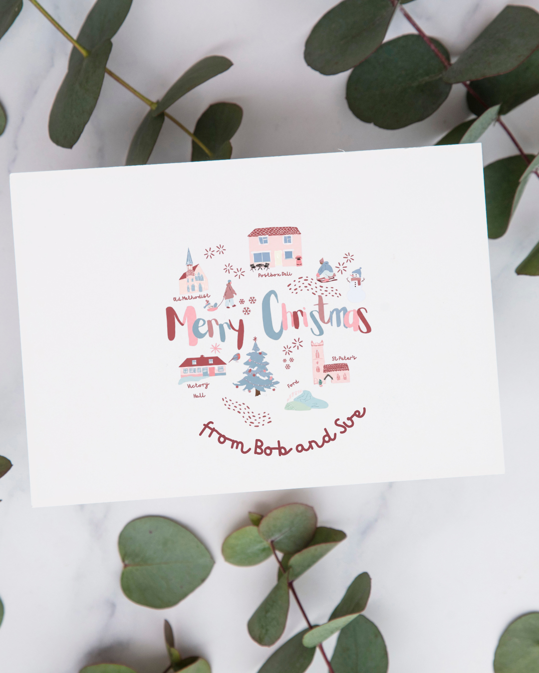 Personalised Thorner Merry Christmas village card, from Bob and Sue