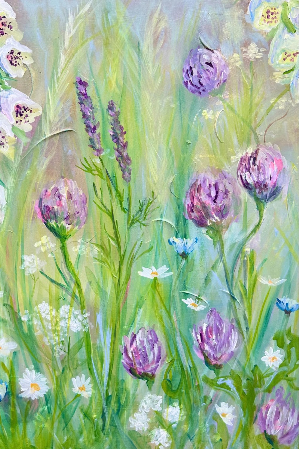 Wildflower Meadow A5 greetings card with purple wildflowers in a green meadow