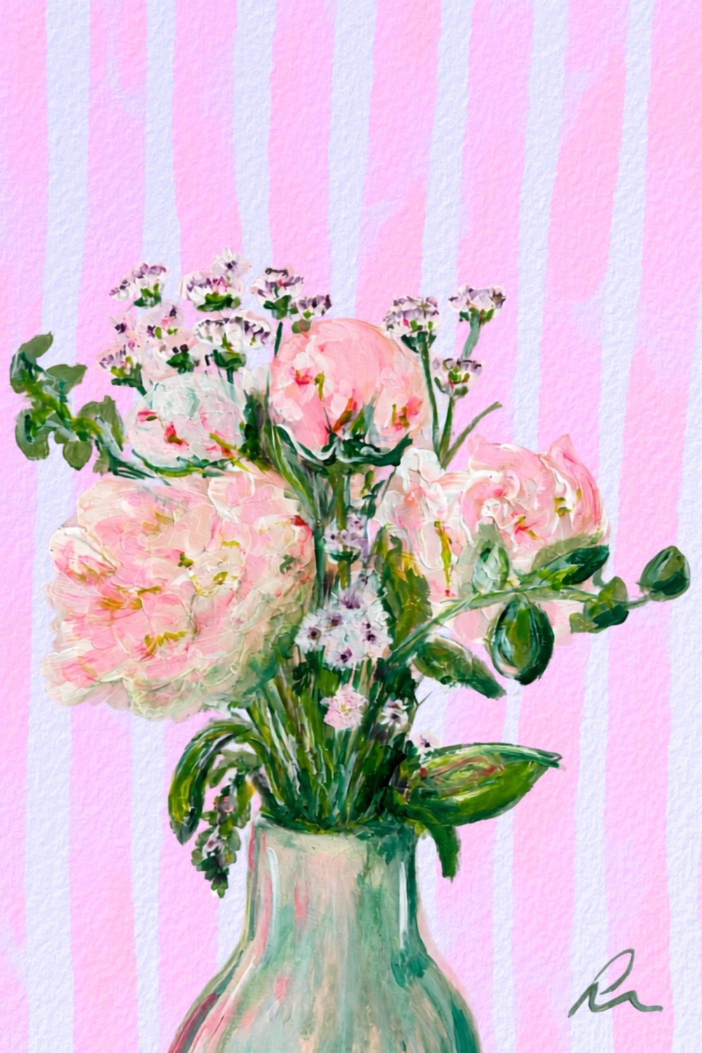 Peony Bouquet A5 greetings card with pink peonies in a vase on a pink striped background