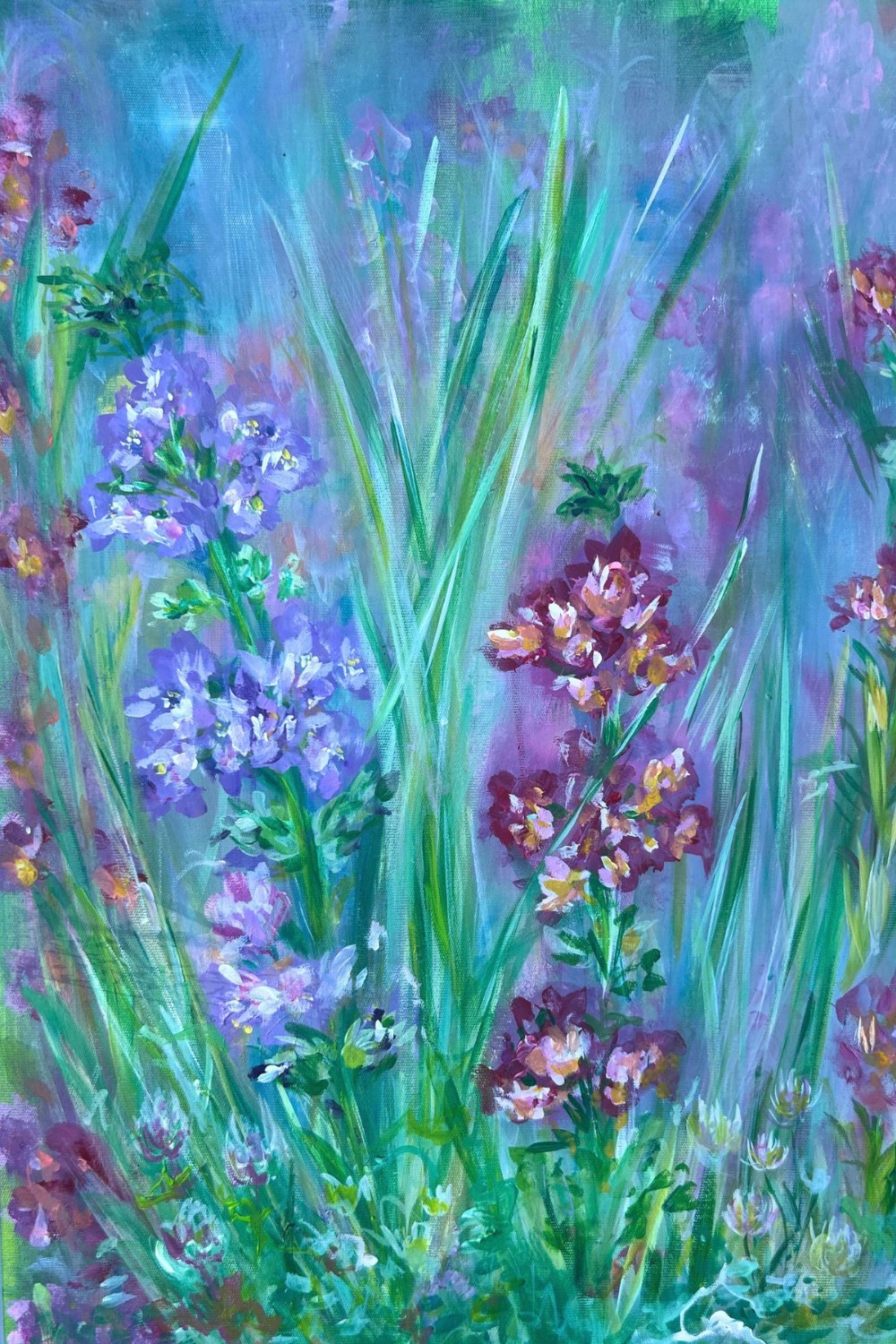 Blue Garden Flowers A5 greetings card with purple and blue garden flowers