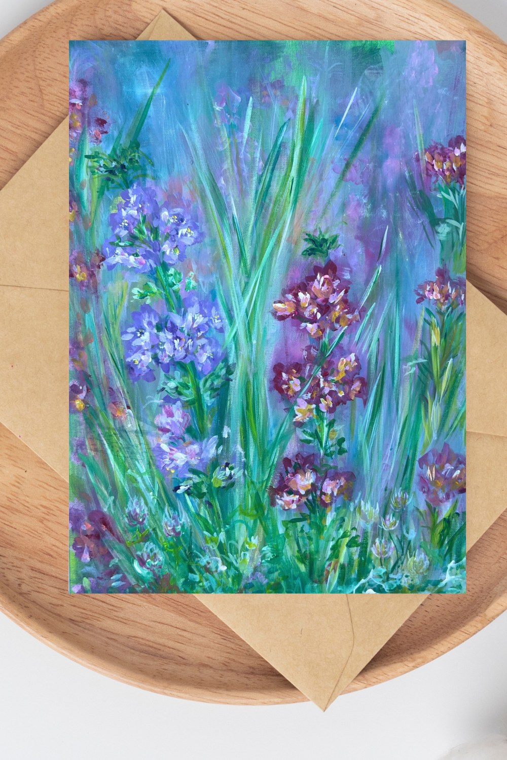 Blue Garden Flowers A5 greetings card by Ella Cairns