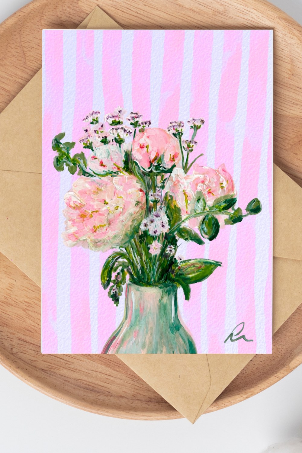 Peony Bouquet A5 greetings card on a wooden board with a pink peony illustration