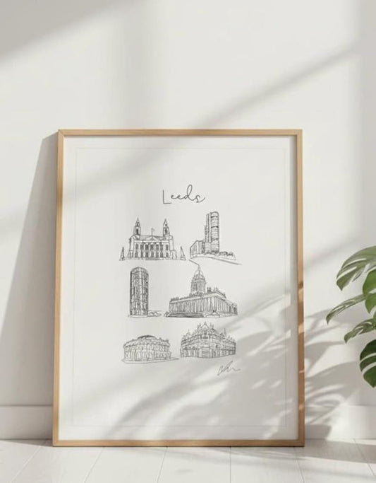 Hand drawn line art print of Leeds landmarks and skyline by Ella Cairns
