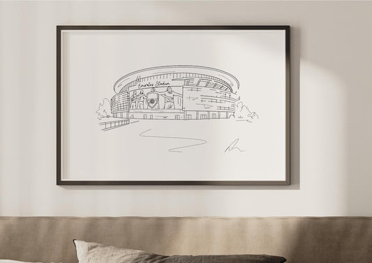 Hand drawn line art print of the Emirates Stadium, Arsenal, by Ella Cairns