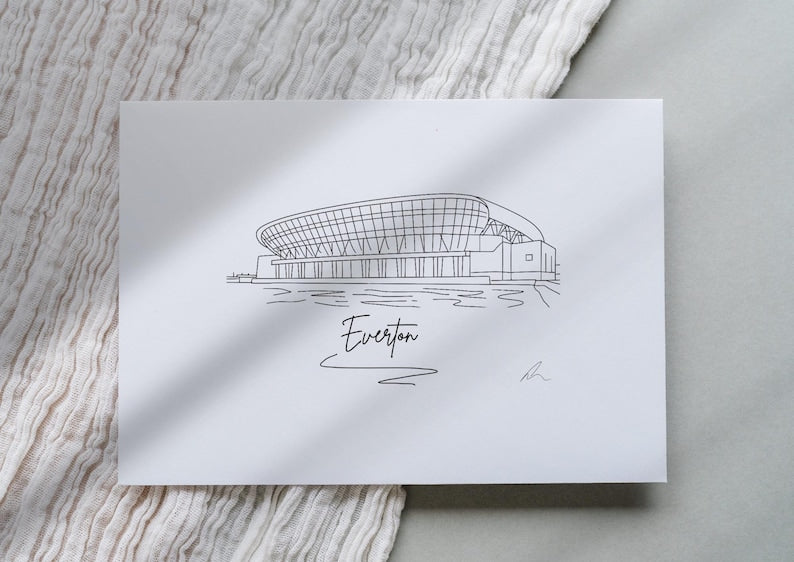 Hand drawn line art print of Everton's Bramley-Moore Dock stadium by Ella Cairns
