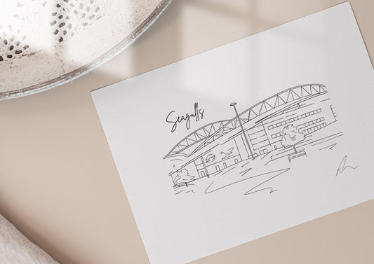 Hand drawn line art print of the Amex Stadium, Brighton, by Ella Cairns