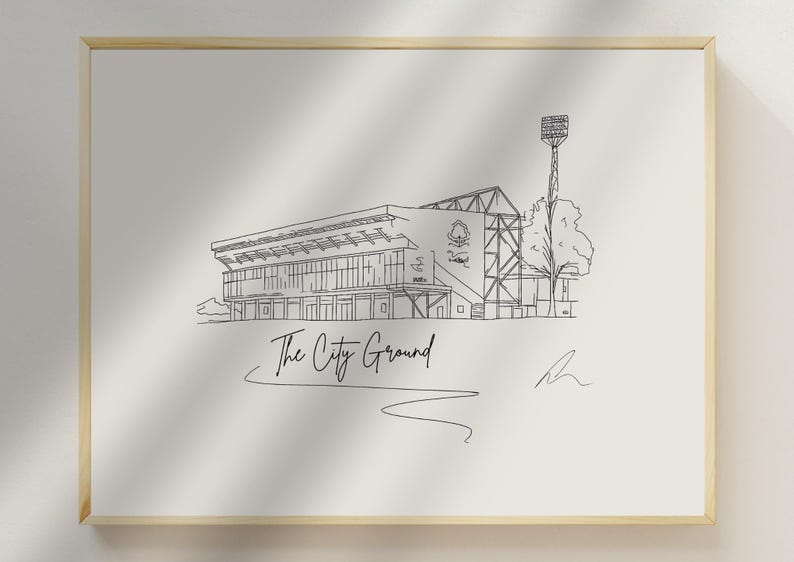 Hand drawn line art print of the City Ground, Nottingham Forest, by Ella Cairns