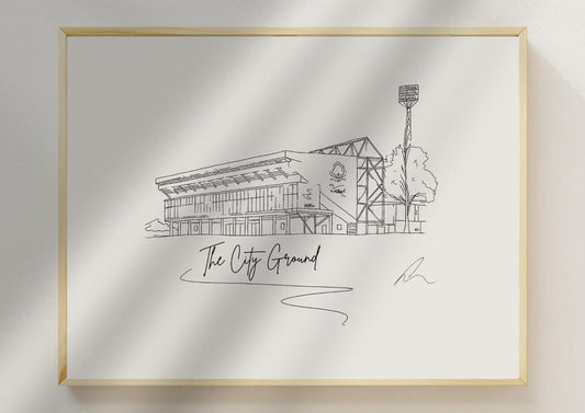 Hand drawn line art print of the City Ground, Nottingham Forest, by Ella Cairns