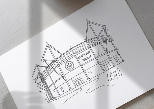 Hand drawn line art print of the King Power Stadium, Leicester, by Ella Cairns