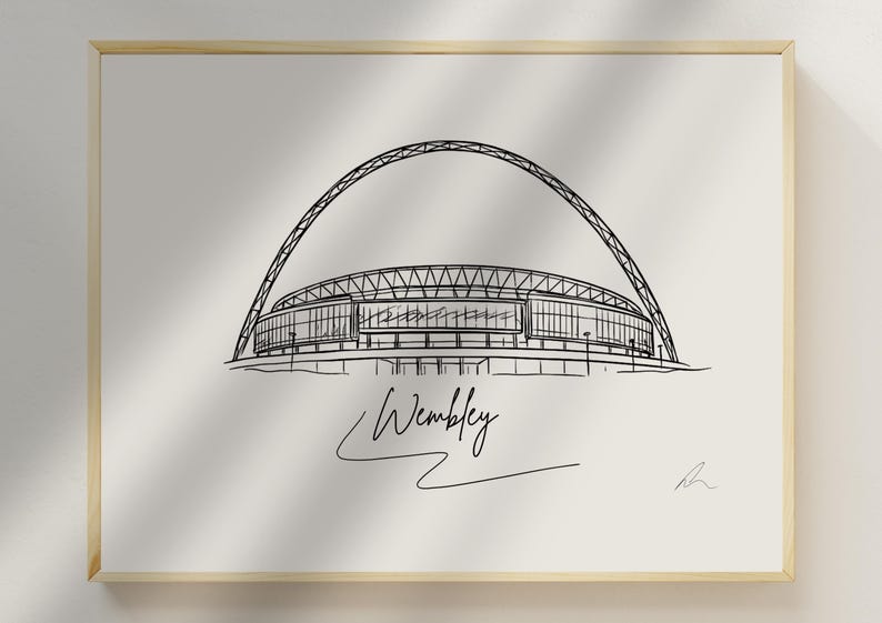 Hand drawn line art print of Wembley Stadium, London, by Ella Cairns