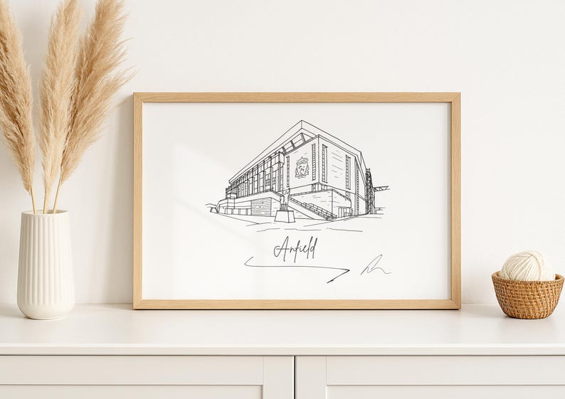 Hand drawn line art print of Anfield, Liverpool, by Ella Cairns
