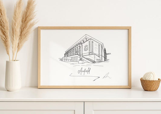 Hand drawn line art print of Anfield, Liverpool, by Ella Cairns