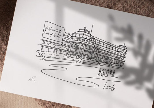 Hand drawn line art print of Lord's Cricket Ground by Ella Cairns