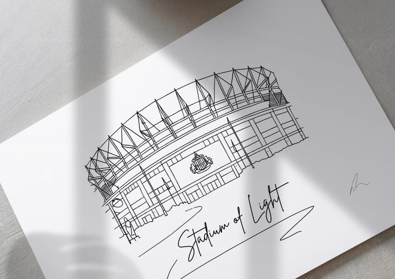 Hand drawn line art print of the Stadium of Light, Sunderland, by Ella Cairns