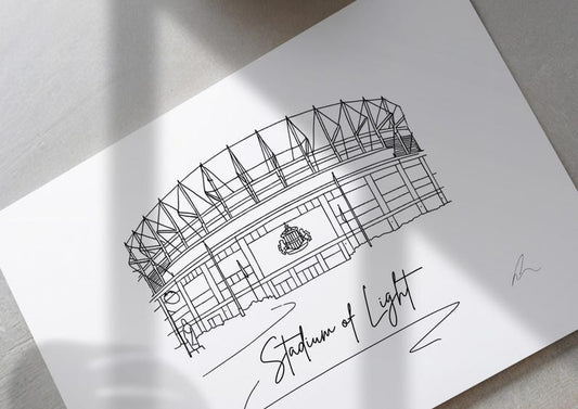 Hand drawn line art print of the Stadium of Light, Sunderland, by Ella Cairns