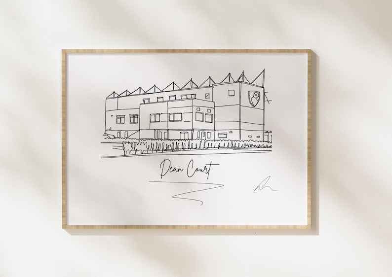 Hand drawn line art print of Dean Court, AFC Bournemouth, by Ella Cairns