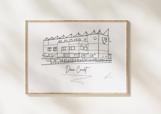 Hand drawn line art print of Dean Court, AFC Bournemouth, by Ella Cairns