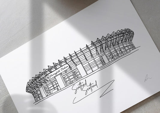 Hand drawn line art print of Murrayfield, Edinburgh, by Ella Cairns