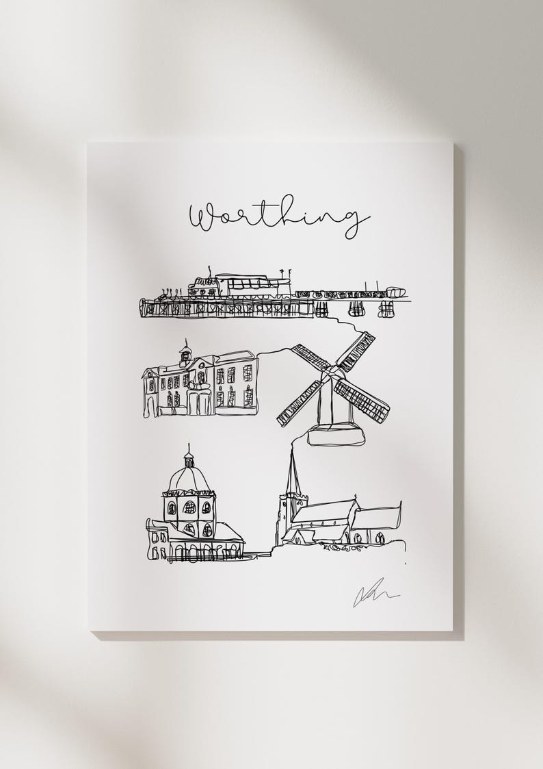 Hand drawn line art print of Worthing Pier, West Sussex, by Ella Cairns
