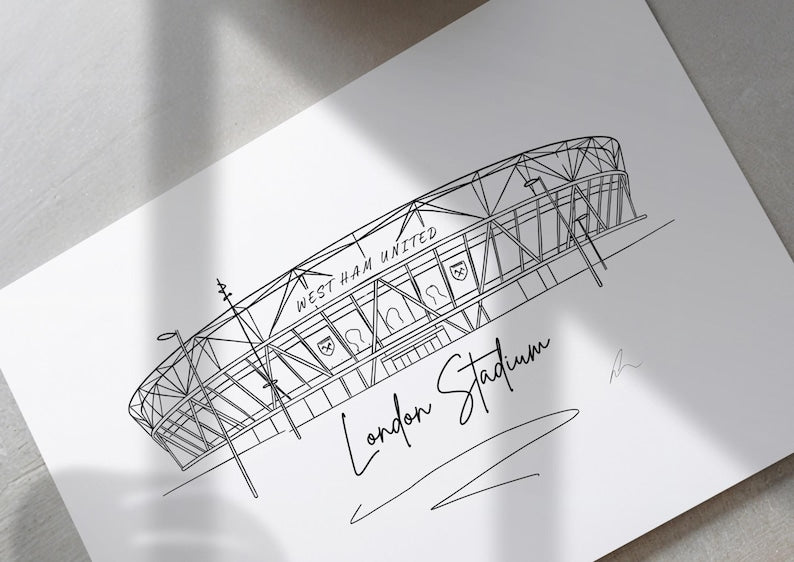 Hand drawn line art print of the London Stadium by Ella Cairns