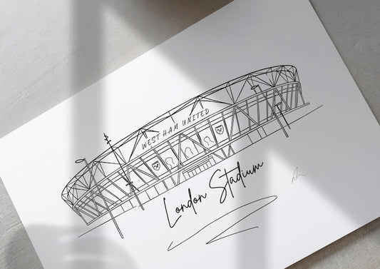 Hand drawn line art print of the London Stadium by Ella Cairns