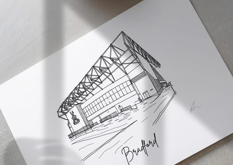 Hand drawn line art print of Valley Parade, Bradford City, by Ella Cairns