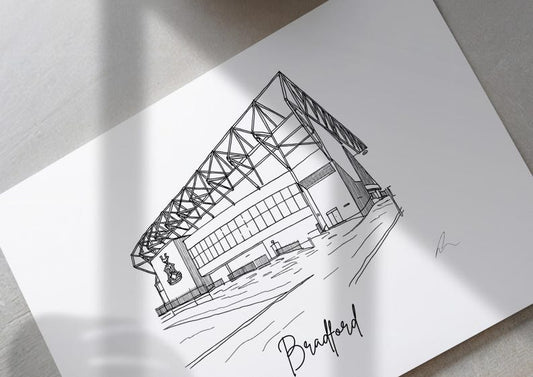 Hand drawn line art print of Valley Parade, Bradford City, by Ella Cairns