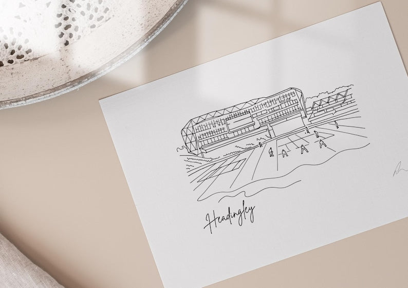 Hand drawn line art print of Headingley Cricket Stadium, Leeds, by Ella Cairns