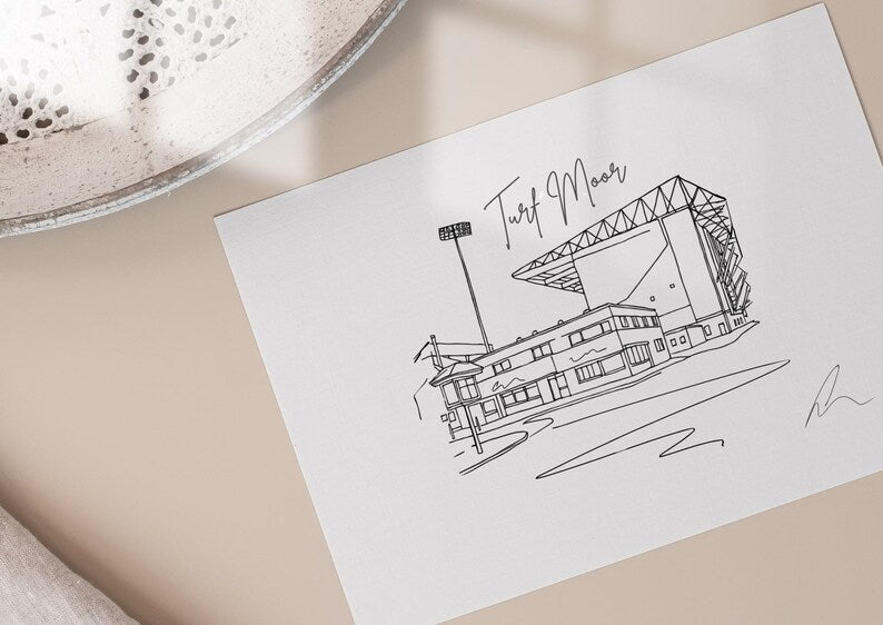 Hand drawn line art print of Turf Moor, Burnley, by Ella Cairns