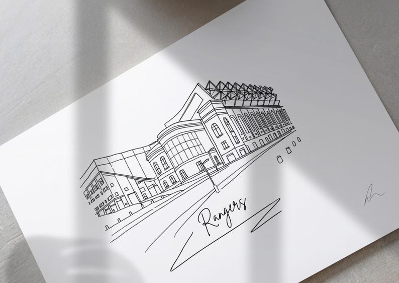 Hand drawn line art print of Ibrox Stadium, Glasgow, by Ella Cairns