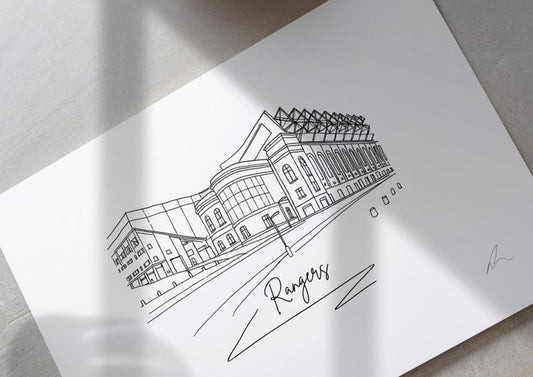 Hand drawn line art print of Ibrox Stadium, Glasgow, by Ella Cairns