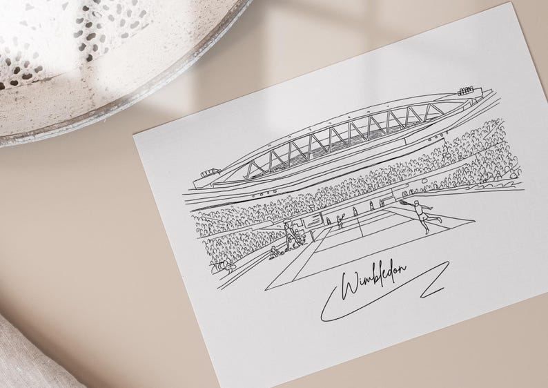 Hand drawn line art print of Wimbledon Centre Court by Ella Cairns