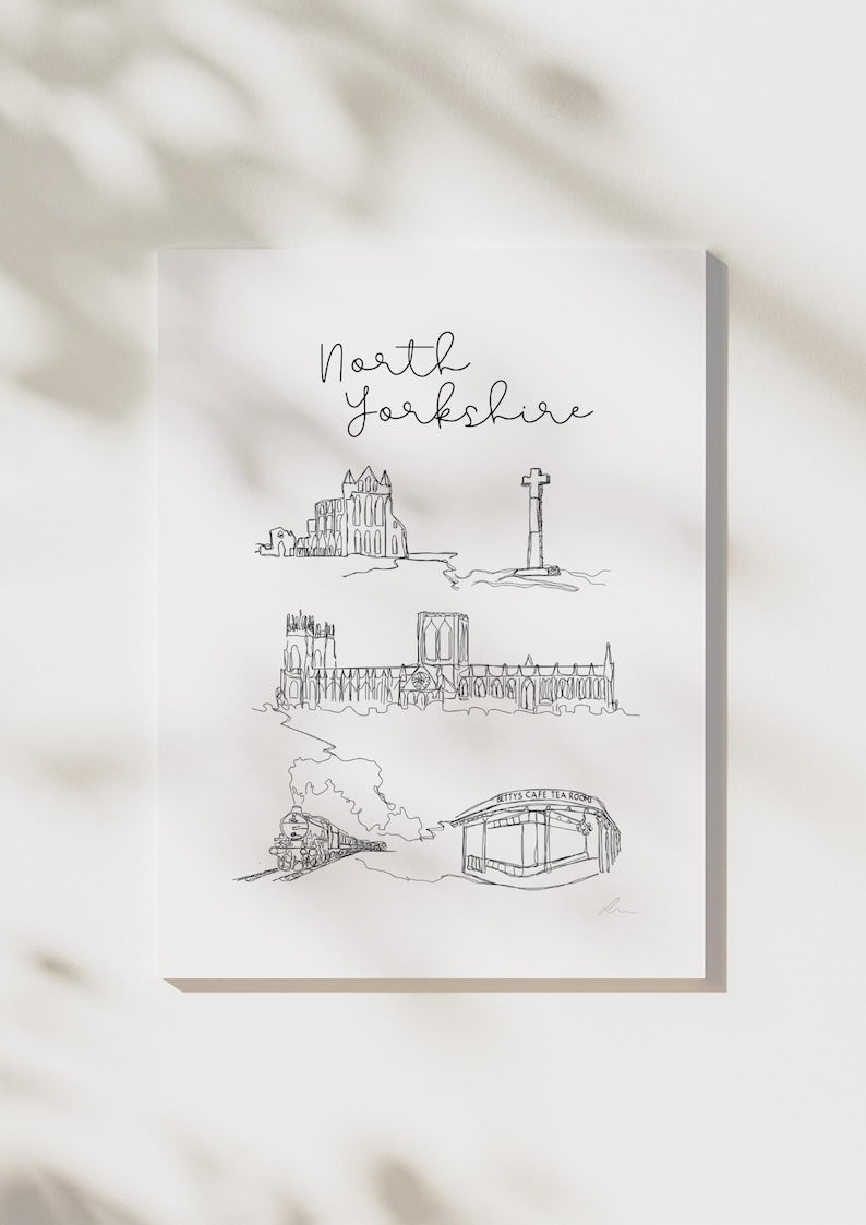 Hand drawn line art print of North Yorkshire landmarks by Ella Cairns