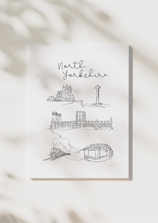 Hand drawn line art print of North Yorkshire landmarks by Ella Cairns