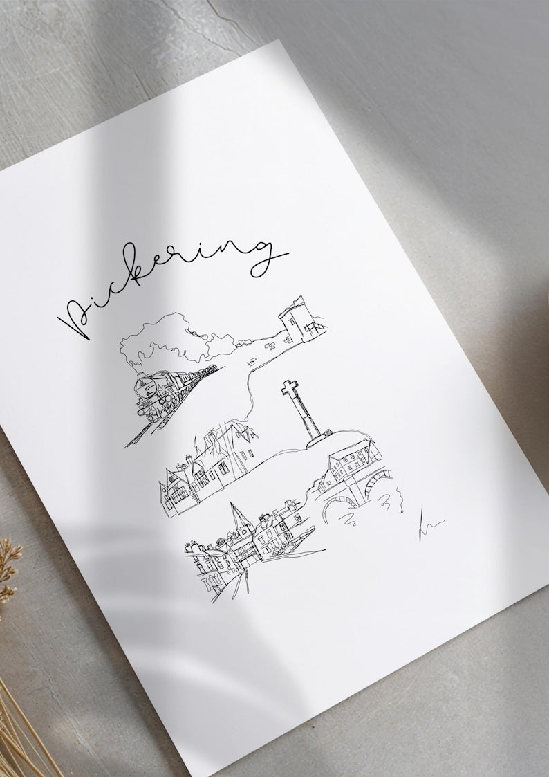 Hand drawn line art print of Pickering and the North Yorkshire steam railway by Ella Cairns