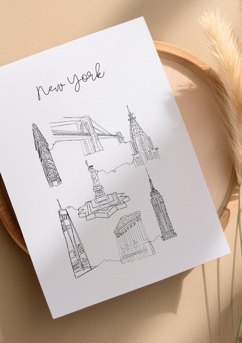 Hand drawn art print of New York City landmarks by Ella Cairns