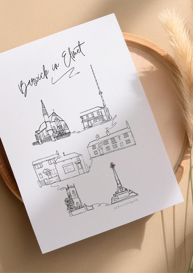 Hand drawn line art print of Barwick in Elmet, Yorkshire, by Ella Cairns