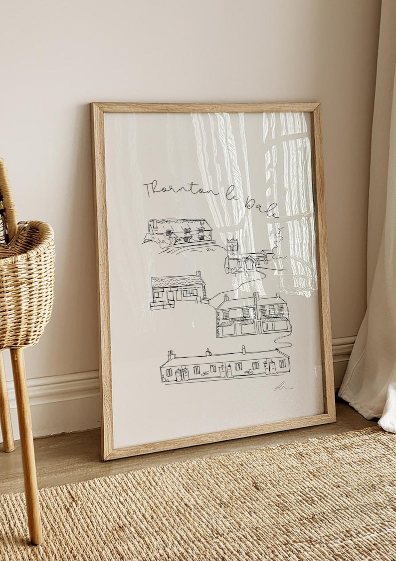 Hand drawn line art print of Thornton le Dale, North Yorkshire, by Ella Cairns