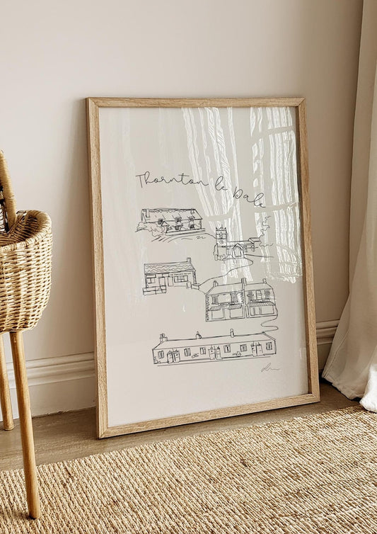 Hand drawn line art print of Thornton le Dale, North Yorkshire, by Ella Cairns