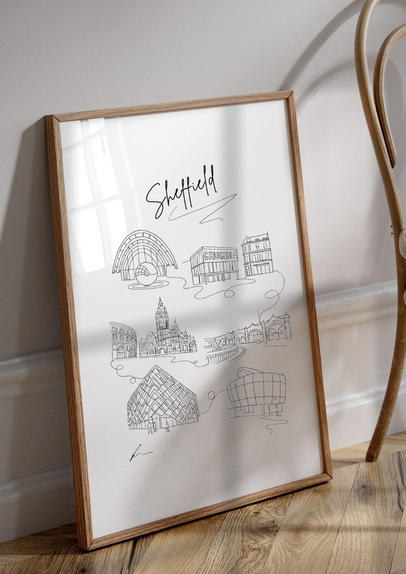 Hand drawn line art print of Sheffield landmarks by Ella Cairns